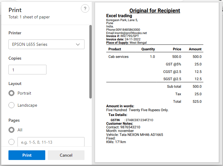 Demo Invoice Made Via Profitbooks.