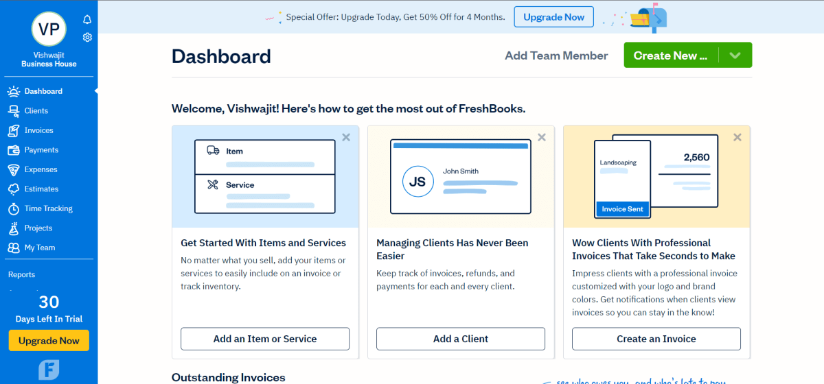 4 Powerful Quickbooks Alternatives In Uae: Freshbooks Dashboard