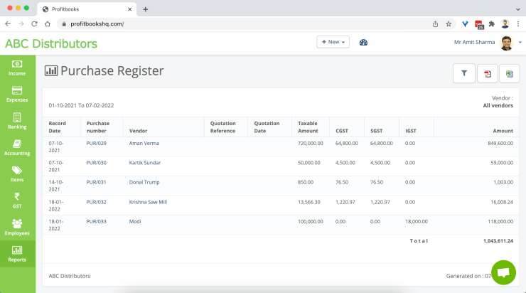 Purchase Ledger - Profitbooks