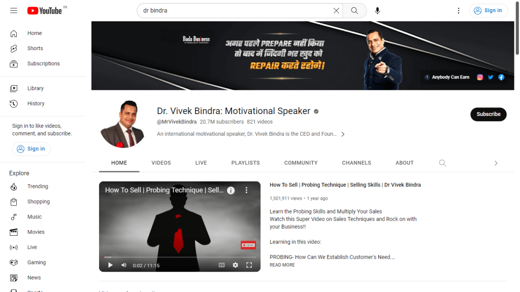 Dr. Vivek Bindra: Motivational Speaker (Youtube Channel)