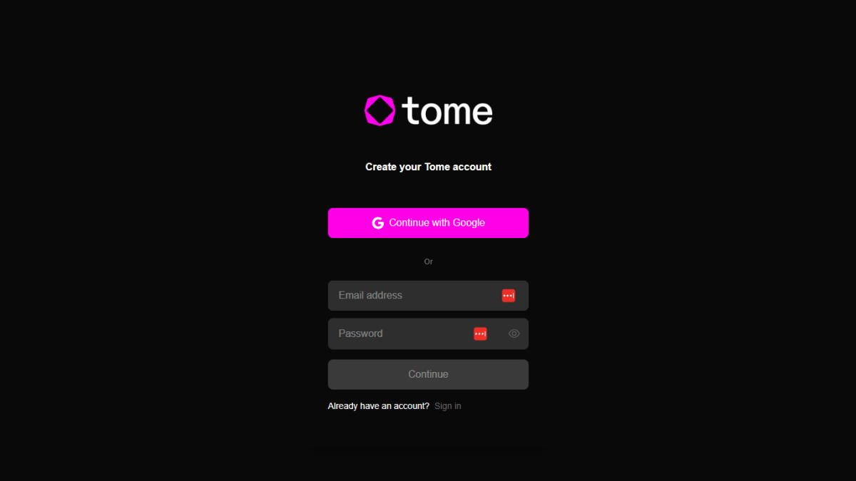 Tome Ai Tools Sign Up Page