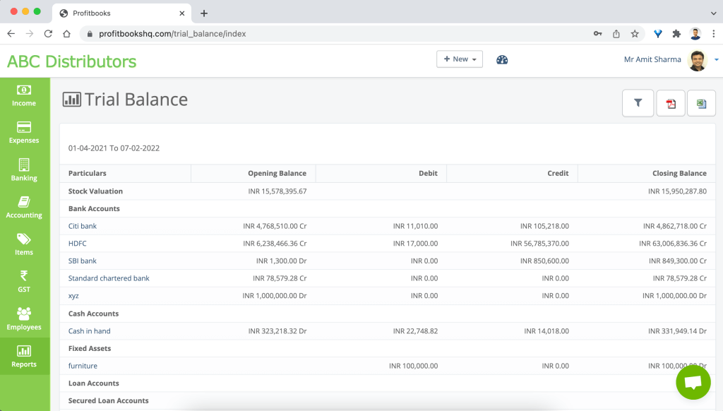 Trial Balance Report In Profitbooks